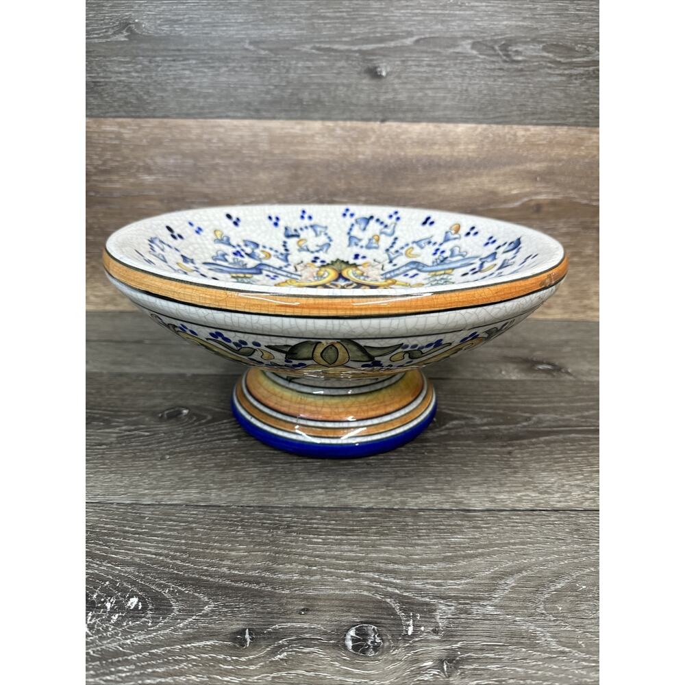 Vintage Chinese Footed Pedestal Bowl Crackled Pattern Pottery Centerpiece 13x6”